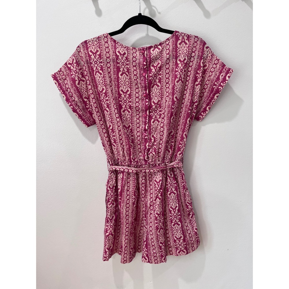 Molly Bracken Pink Damask Print Belted Romper Short Sleeve Button Back Jumpsuit - Picture 4 of 4